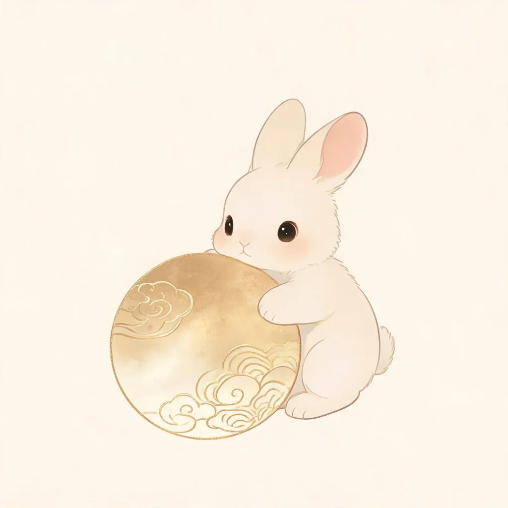 日系可愛插畫,一隻小白兔輕抱著圓月,和菓子般柔嫩配色,金線細節,精緻療癒