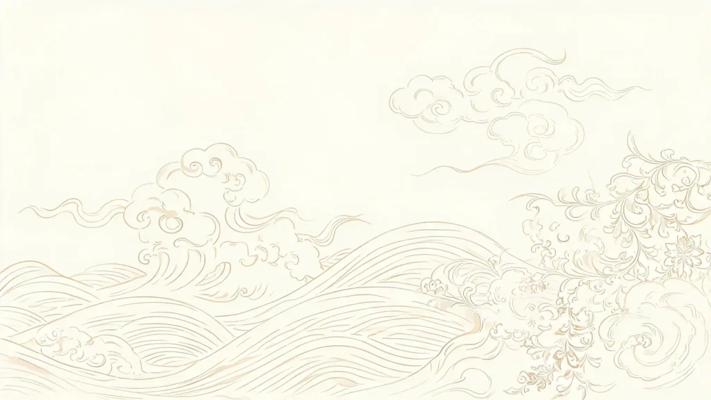 纖細香檳金線描的抽象雲紋與海波,奶油背景,和風唐草紋樣,精緻裝飾