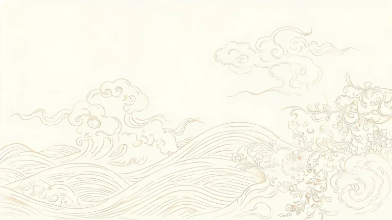 纖細香檳金線描的抽象雲紋與海波,奶油背景,和風唐草紋樣,精緻裝飾